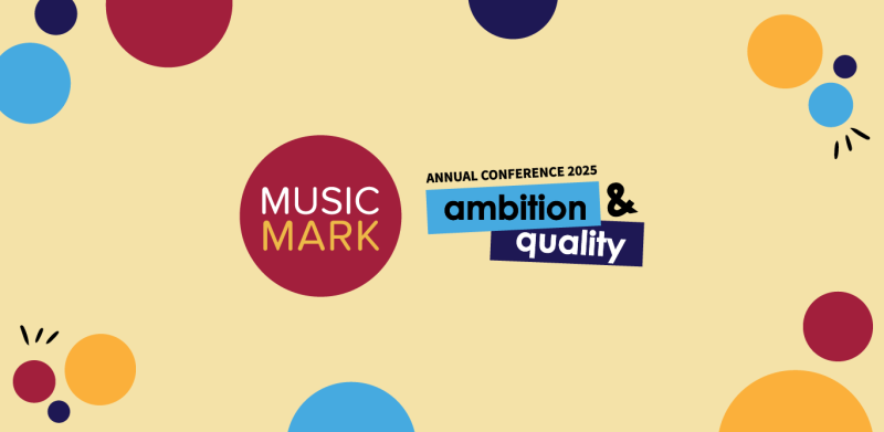 Music Mark Annual Conference 2025 - Ambition & quality. Pale yellow background with multicoloured burgundy, navy, light blue and yellow circles