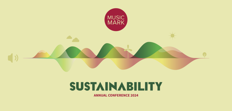 A pale green, red and yellow soundwave is horizontal across the middle of the image made to look like a hilly landscape, with small icons of clouds, sun, trees and a windturbine. The Music Mark logo is above the soundwave. Below, text reads 'Sustainability Annual Conference 2024.'