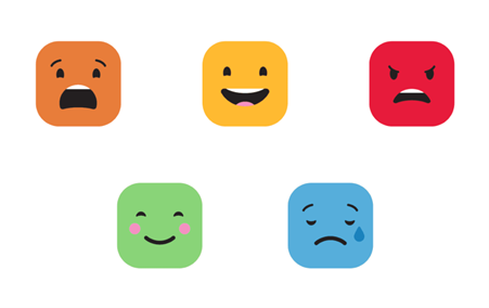 Five cartoon faces in orange, yellow, red, green, and blue show different emotions.