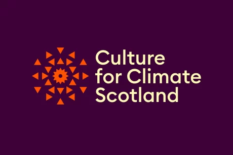 Culture for Climate Scotland on plum background with orange logo