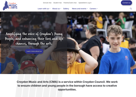 A screenshot of the Croydon Music & Arts website, showing an image of young people in the centre,w with text about their services and navigation buttons across the top.