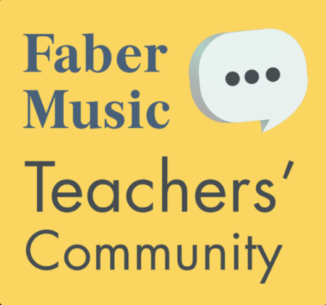 Yellow background, text reads 'Fabe Music Teachers' Community' with a speech bubble in the top right corner