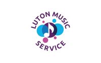 Luton Music Service logo in purple, with blue and purple circles in the centre surrounding a white music note