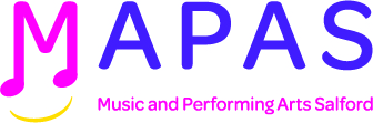 Purple and pink text reading 'MAPAS Music and Performing Arts Salford'. The M is made to look like music notes.