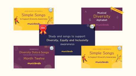 Yellow, purple and navy title pages of various courses and resources. Top left reads 'Doing Diversity Differently, Simple songs to support diversity awareness.' Top right reads 'Musical Diversity alphabet - free resource'. Centre tile reads 'Most popular: Study and songs to support Diversity, Equity and Inclusivity awareness'. Bottom left reads 'Membership Diversity Dots & Songs. Diversity facts, reflection, child development and application. Month Twelve.' Bottom right reads 'doing diversity differently. Simple songs to support diversity awareness.'