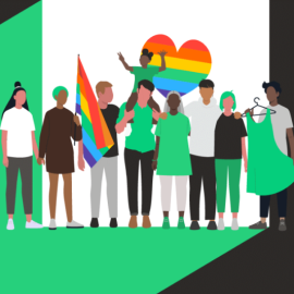 Silhouettes of various people, one carrying a Pride flag, in front of a rainbow heart.