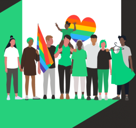 Silhouettes of various people, one carrying a Pride flag, in front of a rainbow heart.