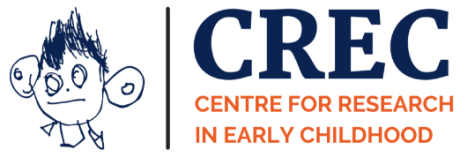 Blue child's drawing of a person next to blue text reading 'CREC' and orange text reading 'Centre for Research in Early Childhood'