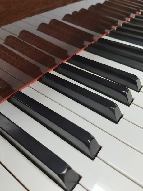 Close up of piano keys, with reflection of keys visible on the back of the piano